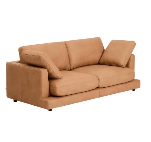 A modern, low-profile sofa with clean lines and plush cushioning. The sofa features a deep seat and supportive back cushions, along with two accent pillows. Its construction appears robust with a visible base structure. — 3D model