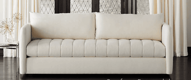A contemporary upholstered sofa featuring a solid, rectilinear base and rounded arms. The seat cushi… — free GLTF 3D model