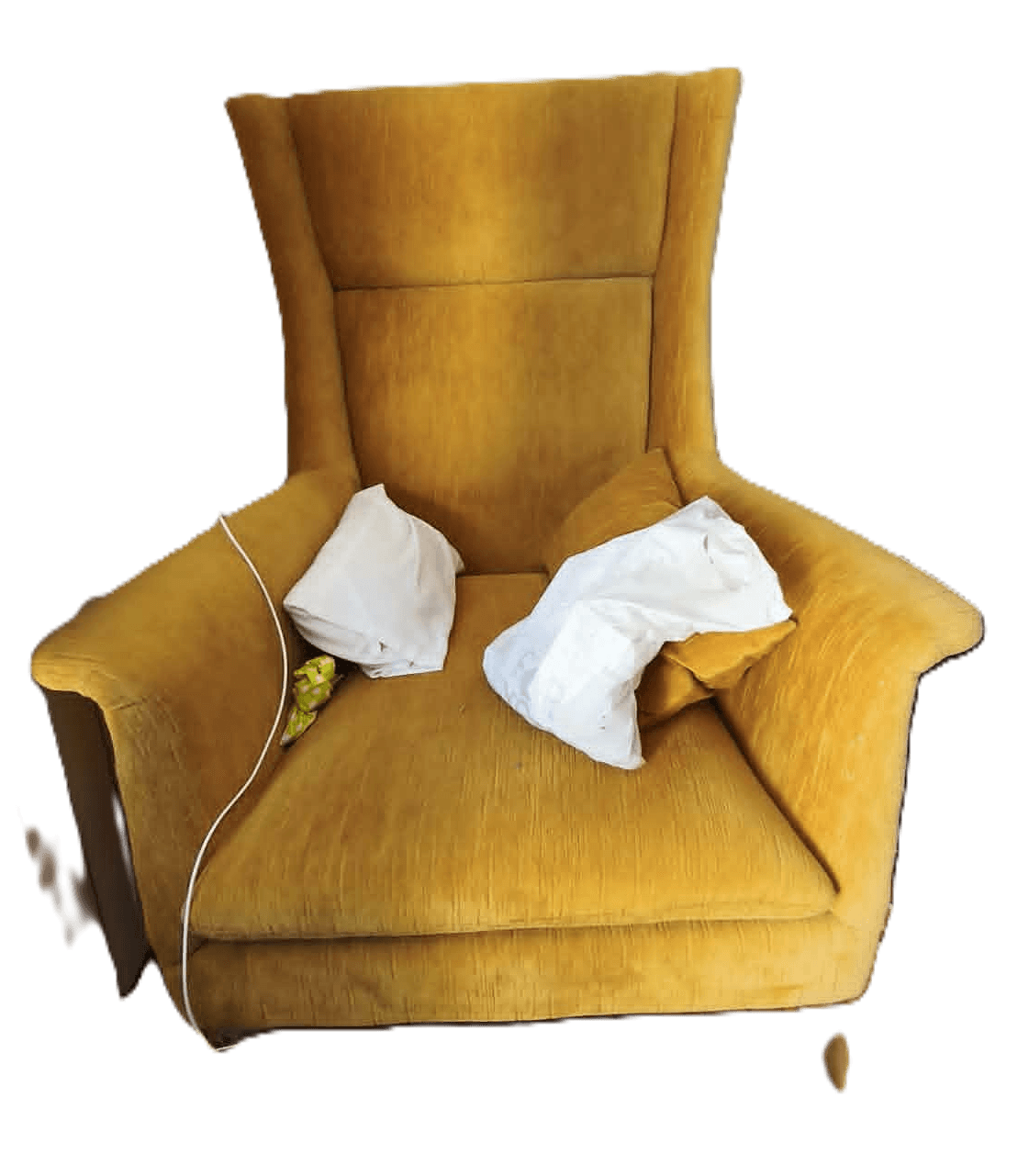 A high-backed armchair upholstered in a textured golden-yellow fabric. The armchair features a wingback design with a tall, continuous backrest and integrated armrests. It is supported by four tapered wooden legs. The seat cushion is separate from the main upholstery. — 3D model