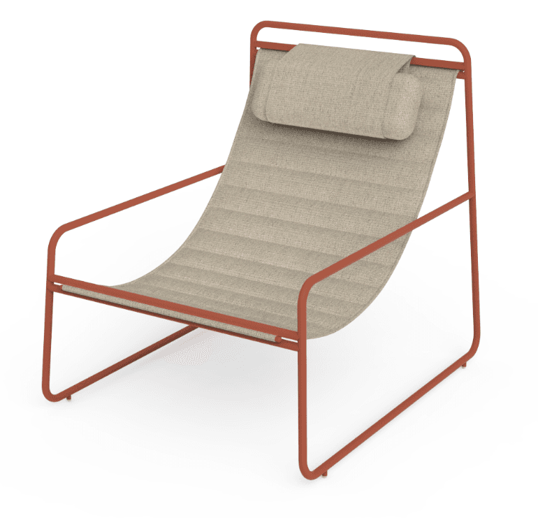 A contemporary lounge chair featuring a minimalist terracotta-colored metal frame and a beige fabric sling for the seat and back. It includes a matching cylindrical headrest cushion attached to the top bar. The frame consists of two U-shaped sections connected by horizontal bars, creating a clean, architectural profile. The fabric sling is textured with horizontal ribbing, providing both comfort and visual interest. The chair appears new and is suitable for both indoor and outdoor settings. — 3D model