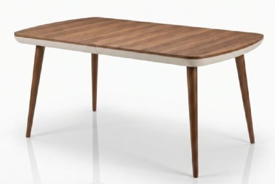 A rectangular dining table featuring a wooden top with rounded corners, supported by four tapered, splayed wooden legs. A light-colored apron contrasts with the dark wood grain of the tabletop and legs. A subtle seam in the center of the tabletop indicates an extendable design. — 3D model