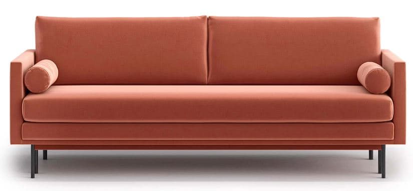 A modern three-seater sofa with a rectangular frame. The sofa features a plush upholstered body in a coral or terracotta color. It has a straight, horizontal backrest divided into two sections by a vertical seam and a horizontal seat cushion. The armrests are low and integrated into the frame, with one cylindrical bolster pillow placed on each side. The sofa is supported by thin, dark-colored legs. — 3D model