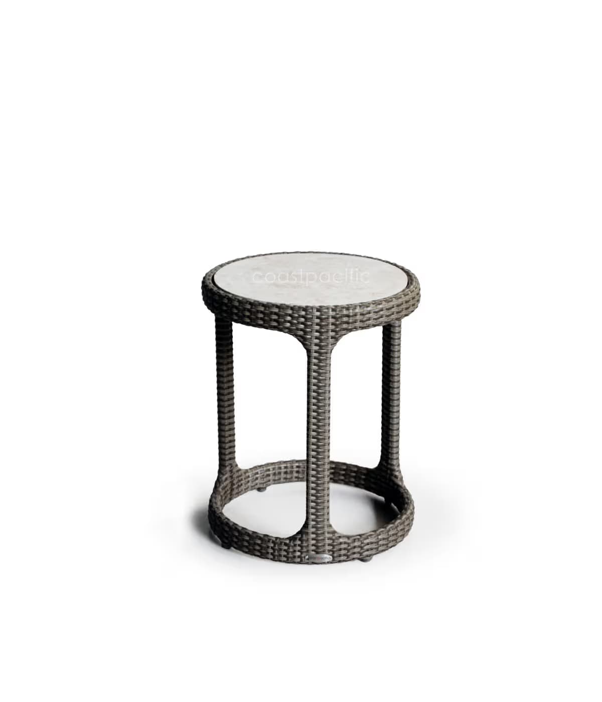 A contemporary round side table featuring a woven gray synthetic wicker base and a light-colored, possibly glass or ceramic, tabletop. The table has an open, cylindrical form with a flared base and top rim, designed for outdoor use. — 3D model