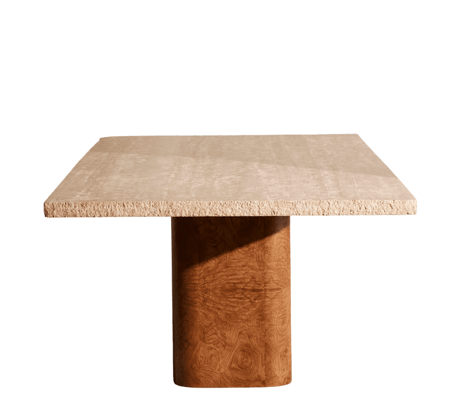 A robust table featuring a light-colored, rectangular travertine top with a natural, chiseled edge, supported by a substantial, rounded pedestal base crafted from rich, patterned burl wood. — 3D model