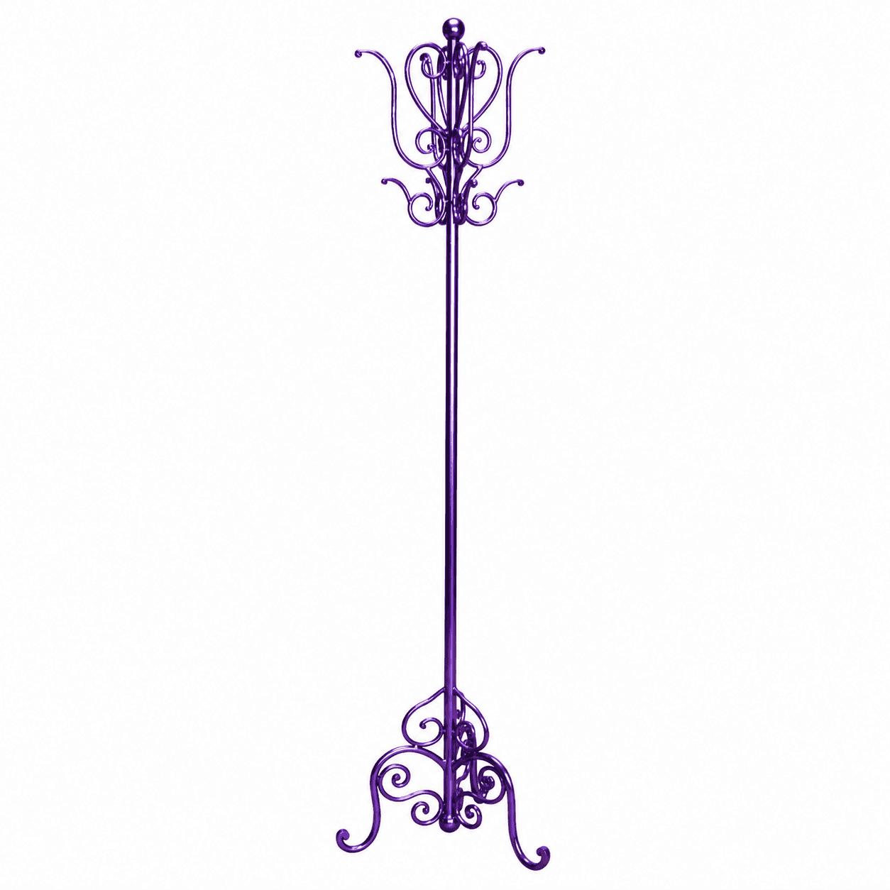 A tall, floor-standing coat rack featuring an ornate design with intricate scrollwork. It is made of… — 3D model