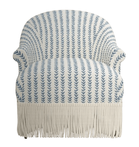 A fully upholstered armchair with a rounded back and arms. It features a repeating vertical pattern of blue leaf-like motifs on a cream background. The base of the armchair is adorned with a thick fringe in a cream color. — 3D model