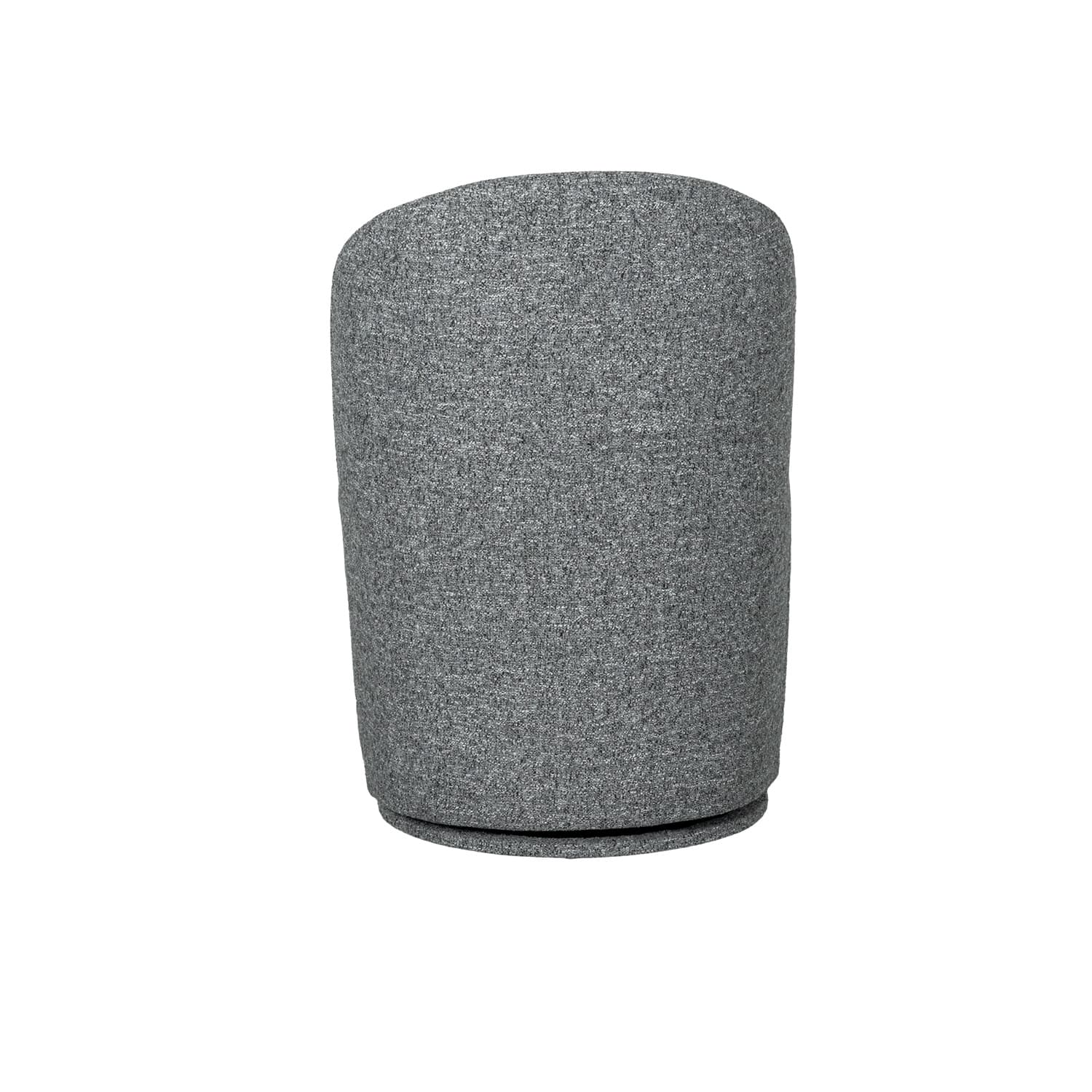 A modern upholstered accent chair featuring a barrel-like form and a swivel base, covered in a textured grey fabric. The chair's back is gently curved, indicating a comfortable and supportive design. The base is subtly recessed, creating a floating effect. It is photographed against a white background. — 3D model