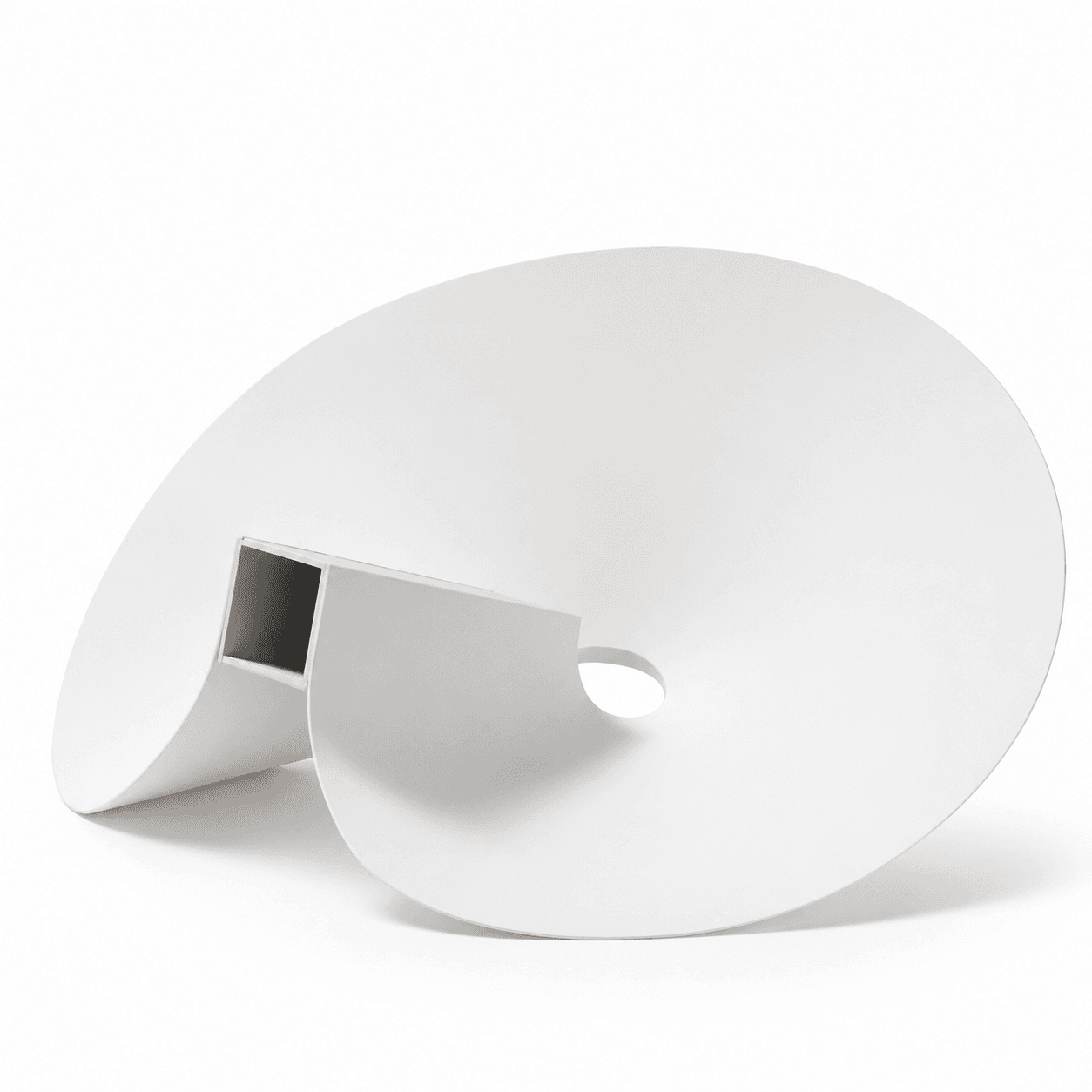 An abstract, sculptural coffee table featuring a spiral or shell-like design, rendered in a matte white finish. The table incorporates a flat top surface and a central rectangular support structure, with a small circular cutout on one side. — 3D model