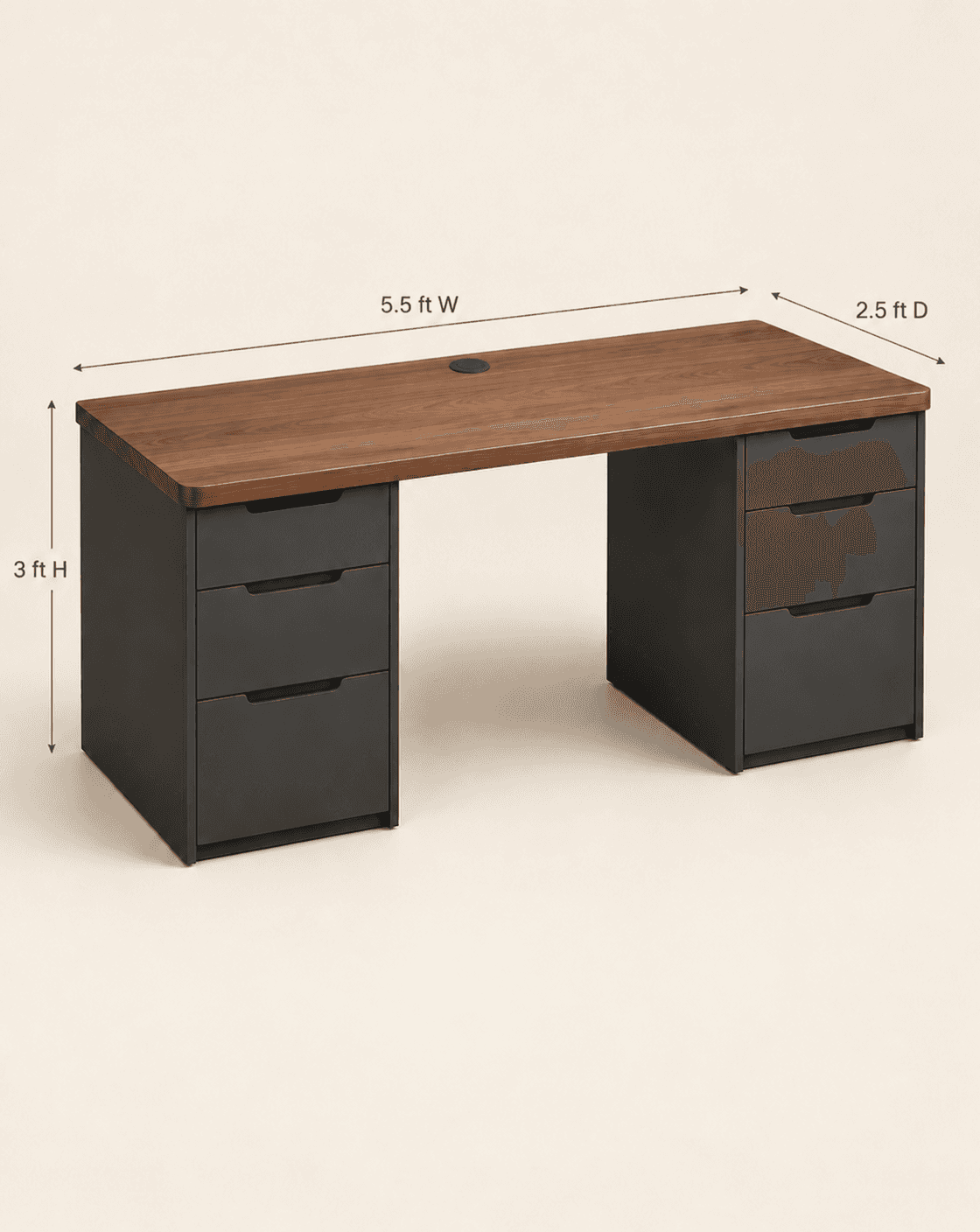 A modern executive desk featuring a brown wooden top and two dark gray drawer pedestals with integra… — 3D model