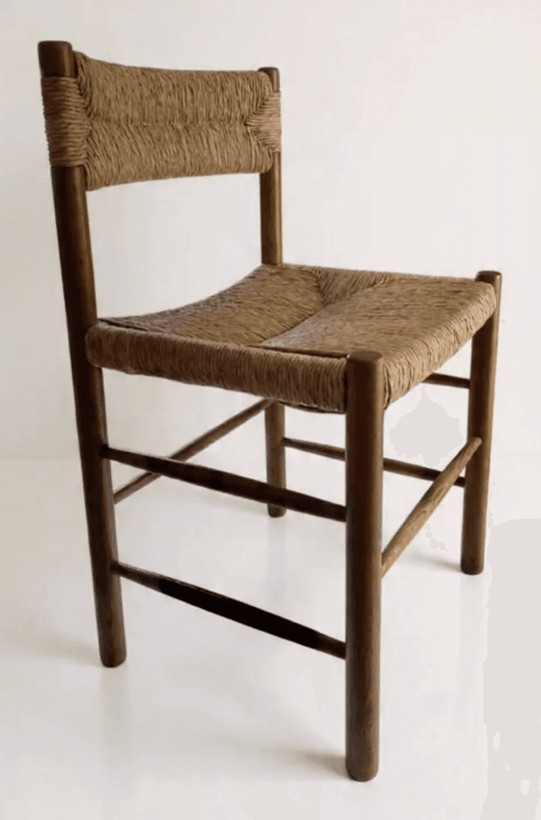 A wooden side chair with a dark-stained frame and woven rush (or similar natural fiber) seat and backrest. — 3D model