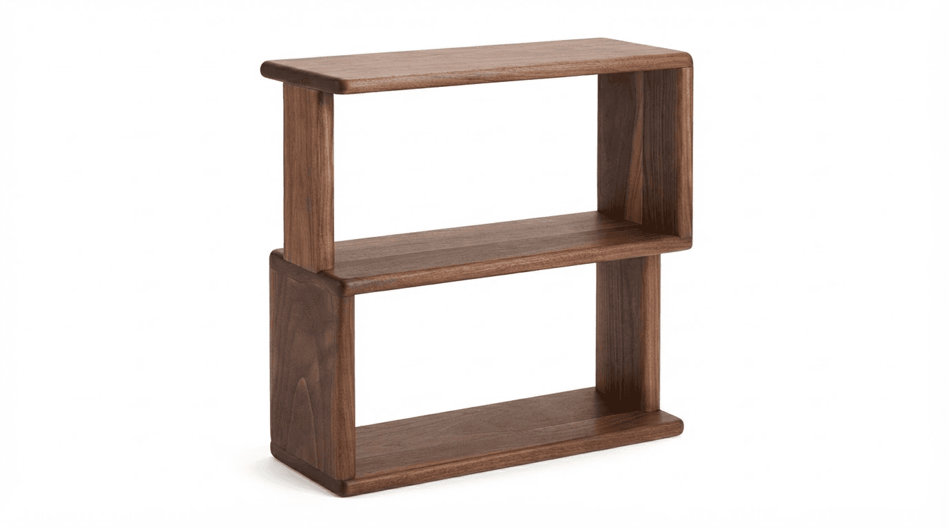 A compact, modern tabletop shelving unit crafted from solid walnut wood, featuring two offset rectan… — free BLEND 3D model