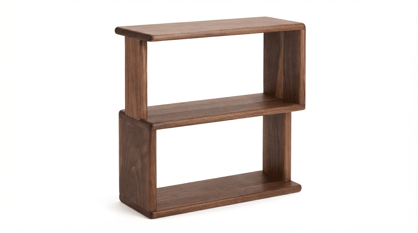 A compact, modern tabletop shelving unit crafted from solid walnut wood, featuring two offset rectangular compartments. The design is minimalist with thick, smooth edges and a dark, rich wood grain visible throughout. It is presented against a plain white background, highlighting its clean lines and robust construction. — 3D model
