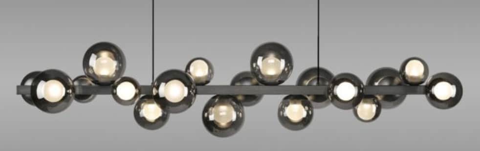 A modern linear suspension light featuring multiple spherical smoked glass shades attached to a dark… — 3D model