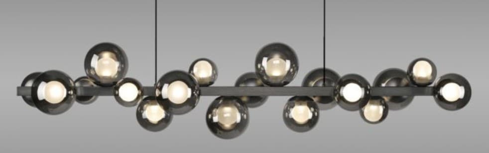 A modern linear suspension light featuring multiple spherical smoked glass shades attached to a dark horizontal bar. The shades are arranged in clusters and individually house light sources, emitting a warm glow. The fixture is suspended by two thin black wires. — 3D model