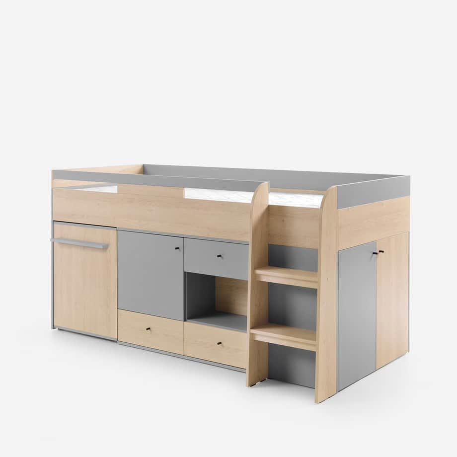 A contemporary loft bed system featuring an elevated sleeping platform accessible by a built-in ladd… — 3D model