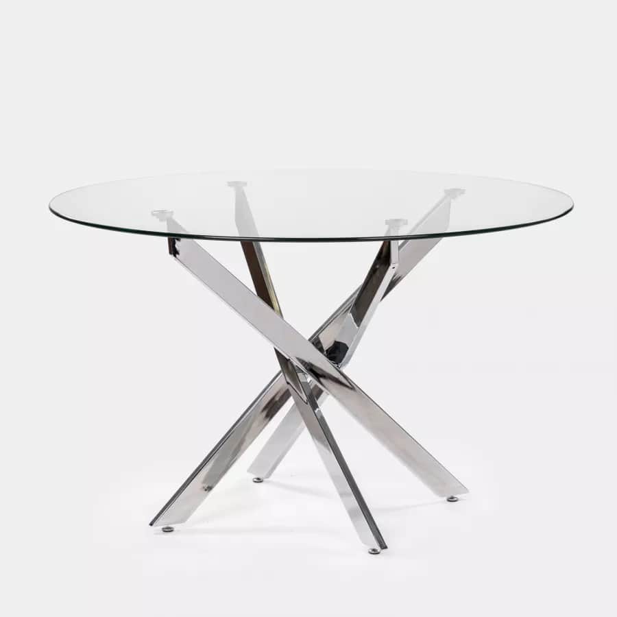 A modern round dining table featuring a blue-tinted tempered glass top and a polished chrome metal b… — free OBJ 3D model