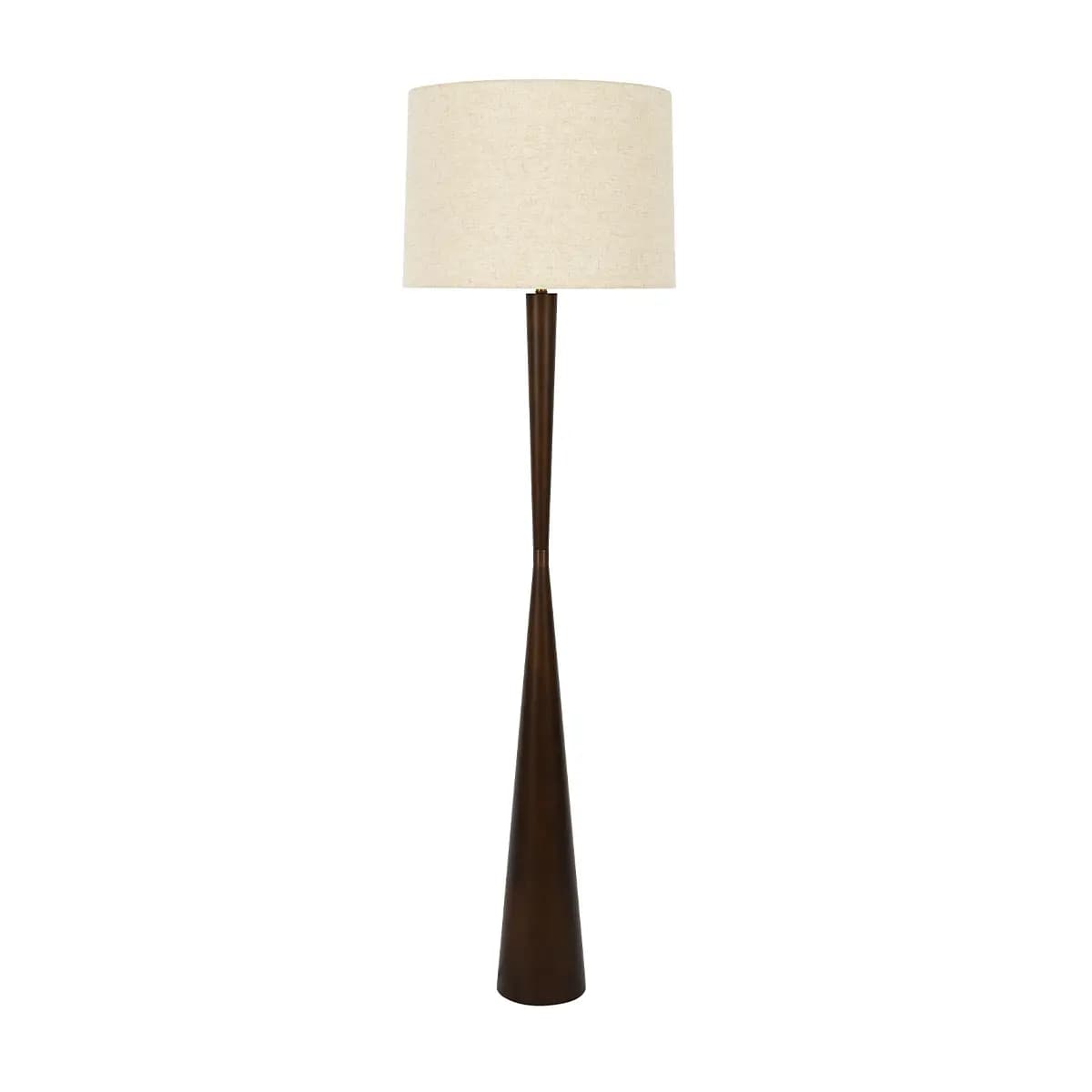 A mid-century modern style floor lamp featuring a tall, slender base crafted from dark-finished wood. The base has a distinctive tapered form, narrowing towards the center and flaring out at both the bottom and top, creating an hourglass-like profile. It is topped with a cylindrical drum shade made from a light-colored, textured fabric. — 3D model