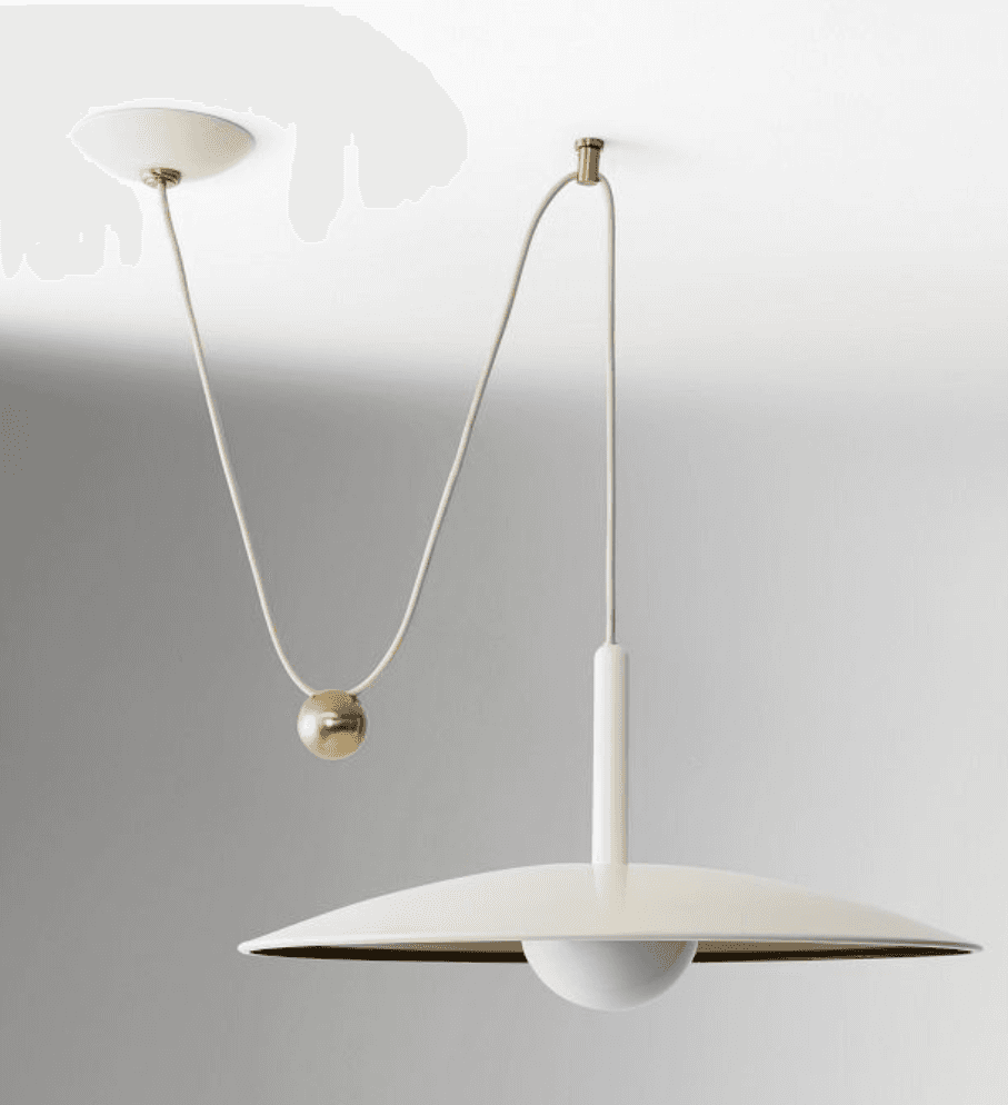 A cream-colored pendant light with a large, flat, circular shade. The light is suspended from the ce… — 3D model