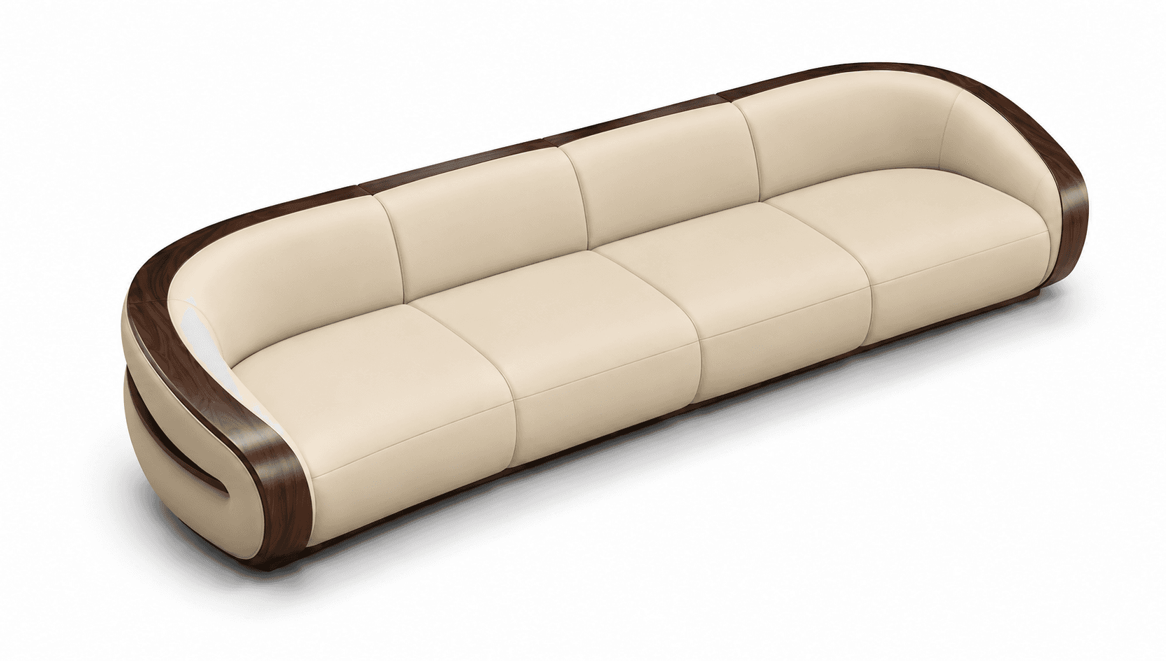 A long, contemporary sofa featuring a sleek, curved design with a prominent dark wood outer frame an… — 3D model