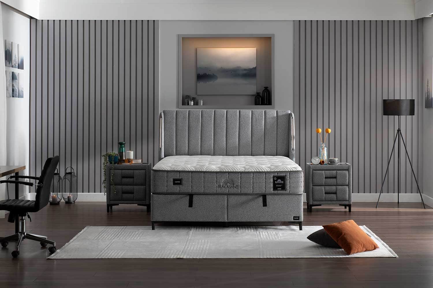 A modern upholstered bed frame with a tufted headboard and a mattress. The bed frame is upholstered… — free OBJ 3D model