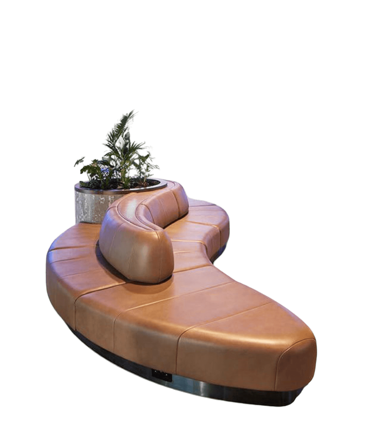 A curved, modular bench designed for communal seating, featuring a brown leather-like upholstery. The bench incorporates a planter with greenery towards one end, integrated into its structure. The base appears to be a metal band, and outlets are visible along the lower front edge, suggesting a modern design with integrated functionality. The overall shape is organic and flowing. — 3D model