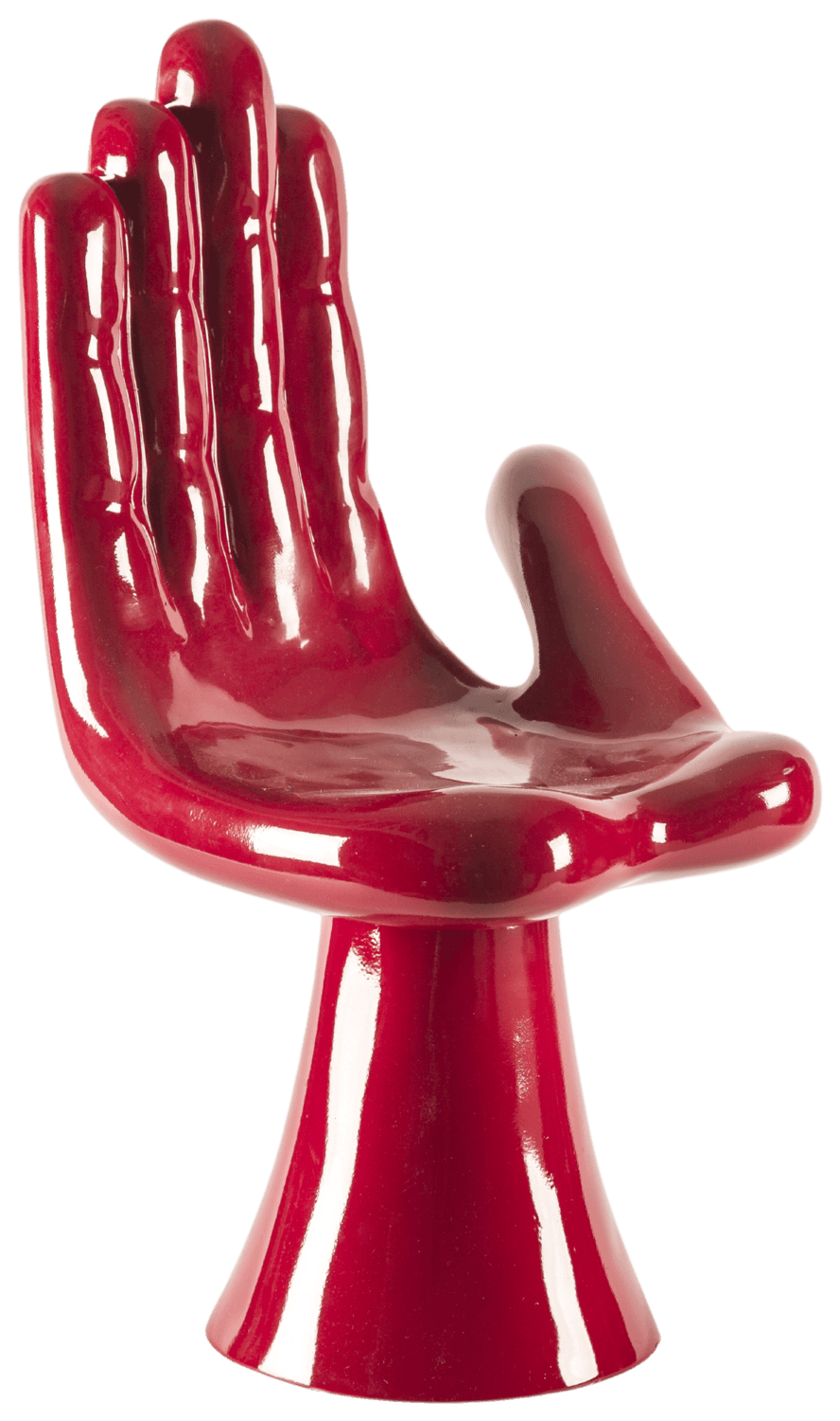 A novelty chair designed in the shape of a human hand. The hand is depicted in a resting position, with the palm forming the seat and the fingers curving upwards. The thumb is positioned outwards. The chair is supported by a pedestal base that flares outwards at the bottom. The entire piece has a high-gloss finish. — 3D model