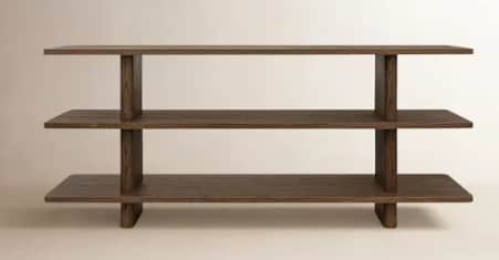 A low, wide, three-tiered shelving unit crafted from dark-stained wood, likely oak. It features a mi… — 3D model