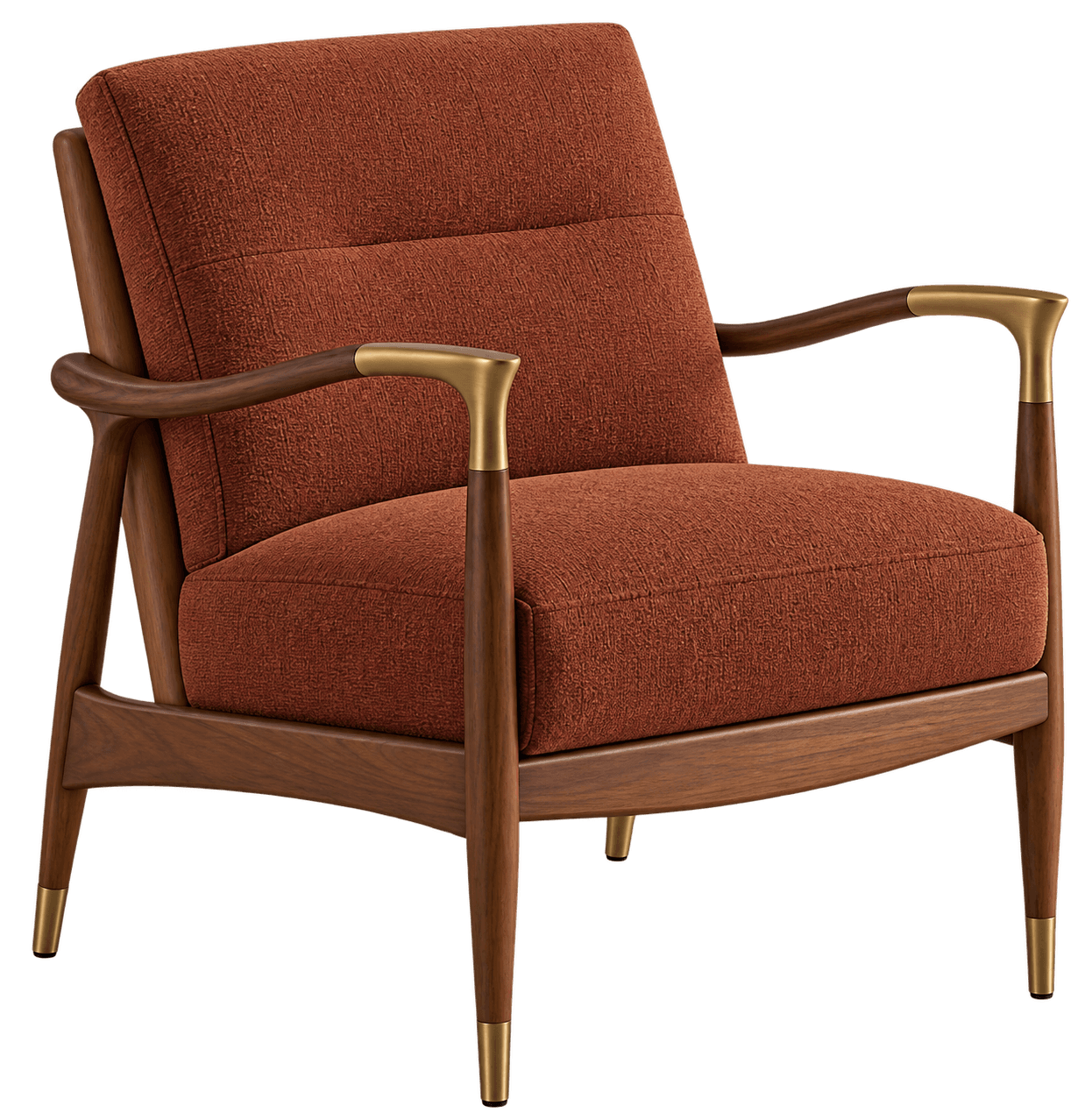 A Mid-Century Modern style lounge chair featuring a sturdy walnut wood frame, upholstered seat and back cushions in a textured reddish-brown fabric, and distinctive brass accents. The armrests are gracefully curved wood, capped with polished brass. The four tapered legs are also made of walnut and finished with matching brass ferrules. — 3D model