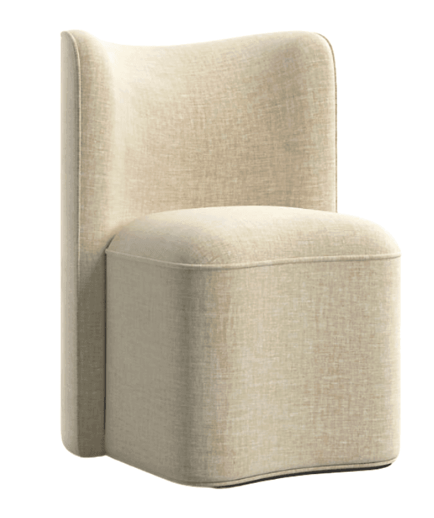 A fully upholstered, armless chair featuring a distinctive sinuous curved backrest and a substantial, rounded block-like base. The chair is covered in a light beige, textured woven fabric, giving it a modern and minimalist aesthetic. The backrest provides ergonomic support and flows smoothly into the cushioned seat, which is integrated with the base, featuring softly rounded edges. The chair presents a clean, contemporary profile, ideal for modern interior settings. — 3D model