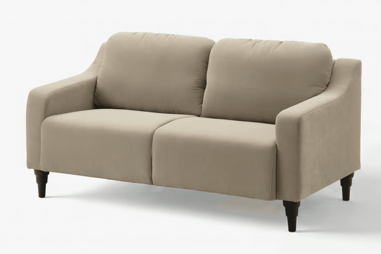 A contemporary two-seater loveseat upholstered in a beige fabric, featuring clean lines, gently curved arms, and dark tapered legs. It includes two individual seat cushions and two loose back cushions. — 3D model