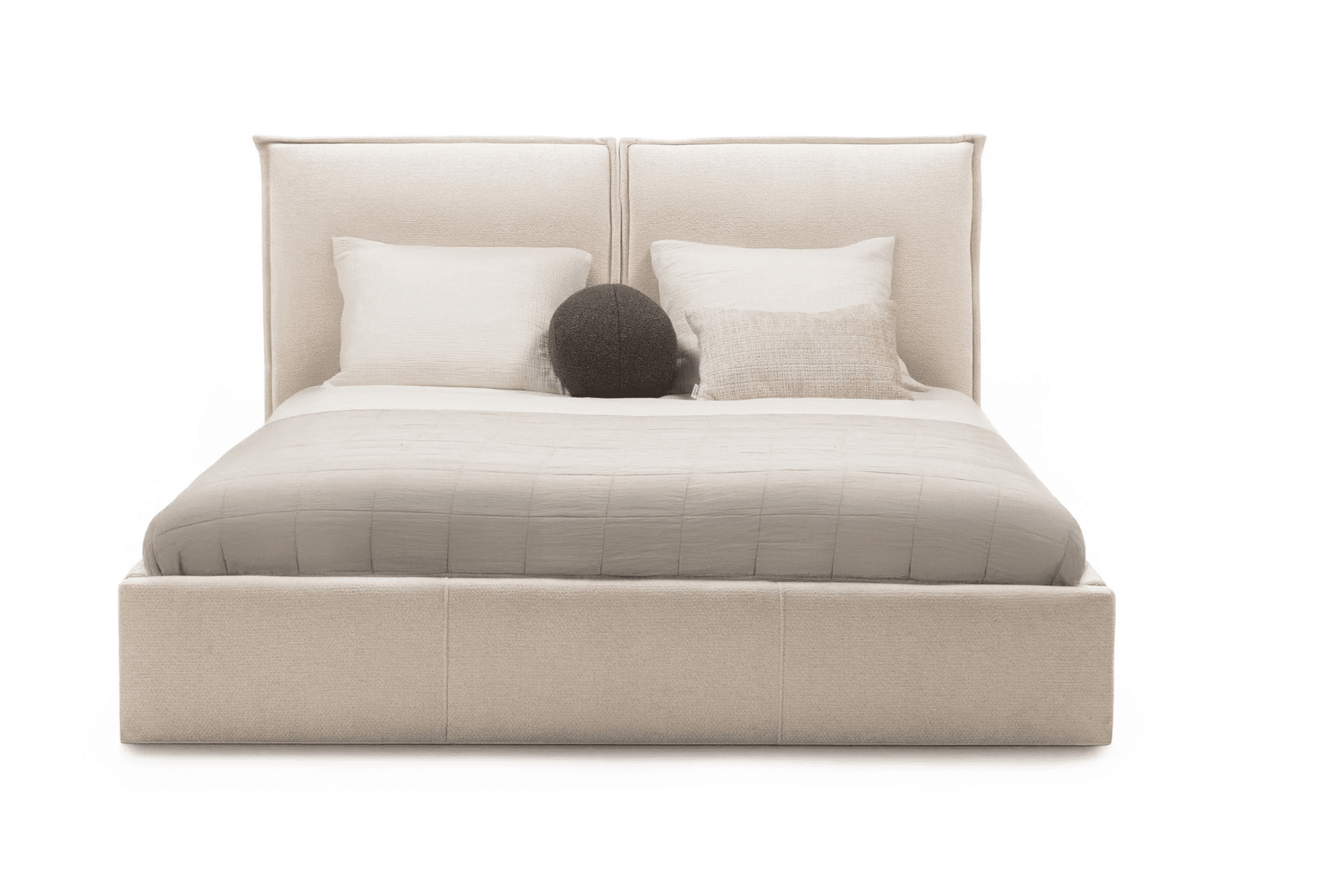 A upholstered bed frame with a headboard. The headboard appears to be divided into two vertical sections. The bed is dressed with a mattress, a quilted duvet in a neutral tone, and several pillows. — 3D model
