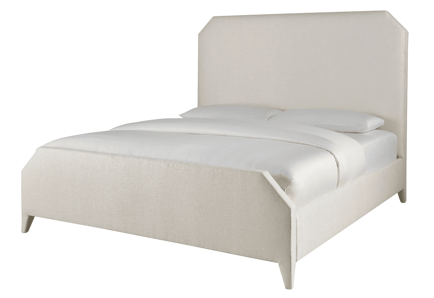 A contemporary upholstered bed frame with a rectangular headboard featuring slightly angled top corners. The frame is low-profile with a textured fabric and supported by four tapered legs. Two white pillows and a white duvet are neatly arranged on the mattress. — 3D model