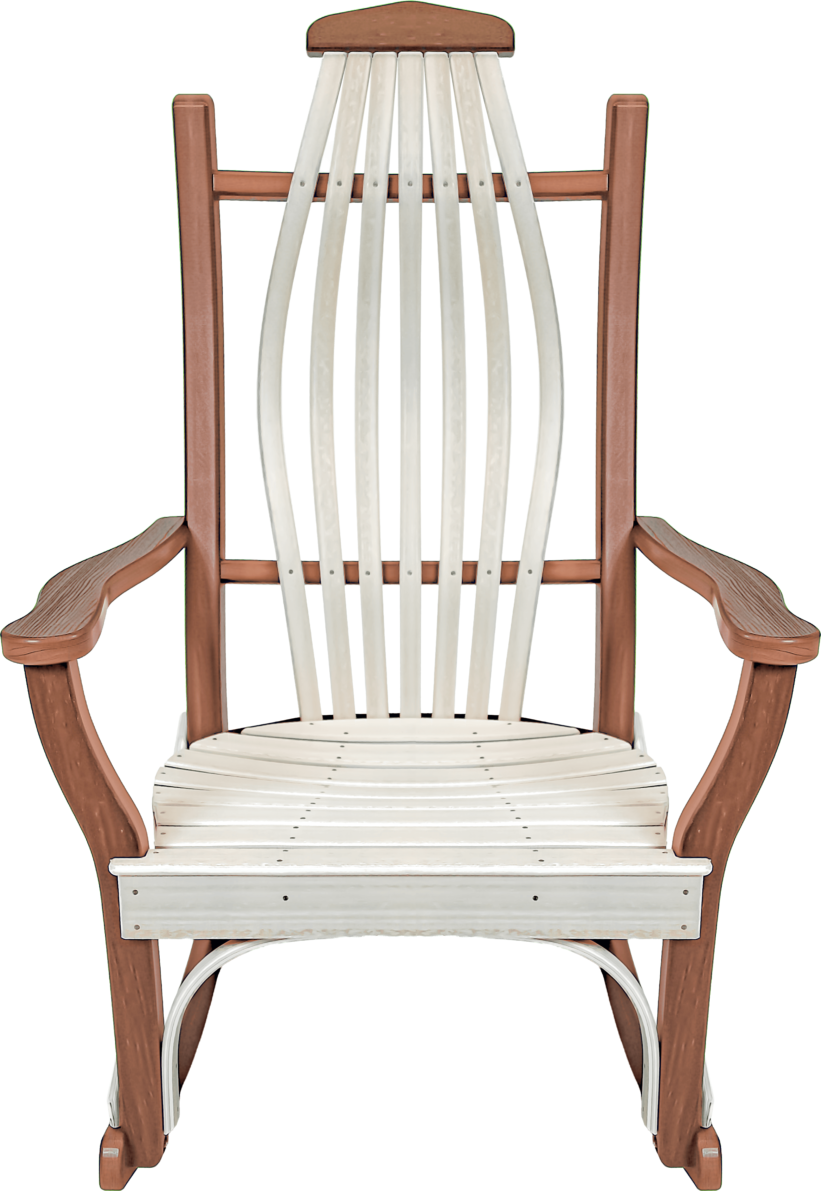A robust rocking chair designed with an Adirondack aesthetic, featuring a two-tone construction. The frame is a dark brown, possibly wood or wood composite, while the seat and backrest consist of lighter, cream-colored slats. The backrest slats are vertically oriented and gently curved for ergonomic support, and the seat slats are arranged horizontally with a slight contour. Broad, curved armrests provide comfort, and the base incorporates traditional rocking runners. — 3D model