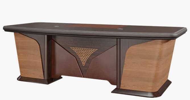 A large, contemporary executive desk featuring a dark brown top with rounded edges and a lighter wood inlay. The robust base is constructed from two-tone wood, with dark brown panels contrasting with lighter, curved wood sections. A prominent geometric, lattice-patterned inlay in a metallic tone is centered on the front panel, providing a distinctive visual element. The desk appears to be new or a high-quality render, showcasing clean lines and a modern executive aesthetic. — 3D model