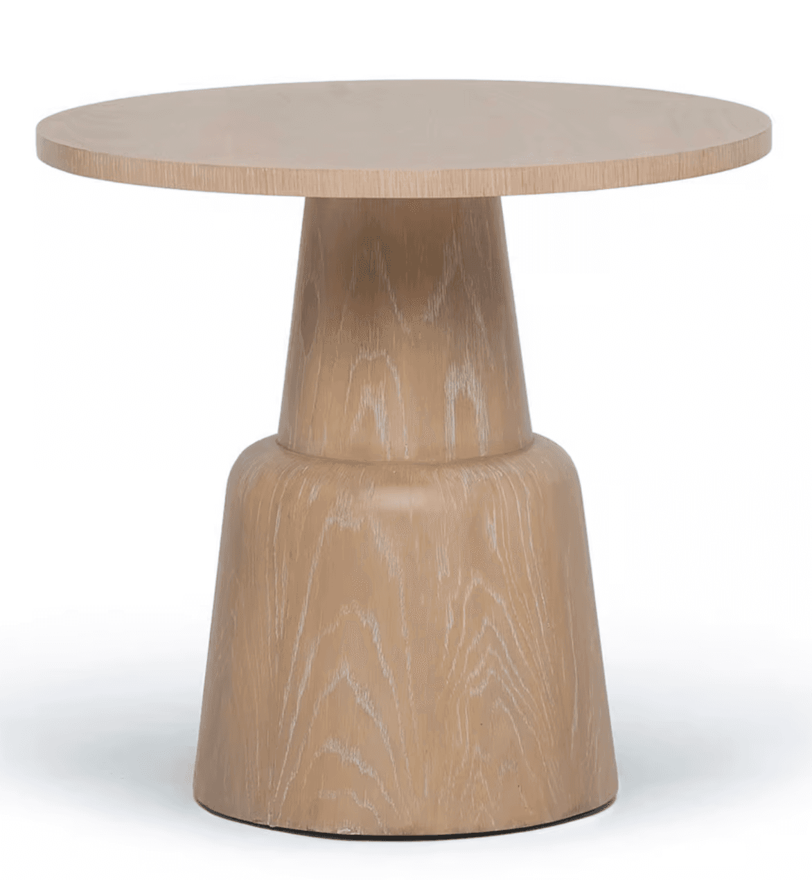 A modern side table featuring a round tabletop and a sculptural pedestal base, made from light-toned wood with a visible grain. — 3D model