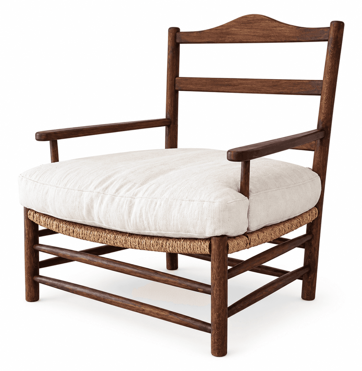 A wooden armchair featuring a ladder back design and sturdy armrests. The seat is constructed with a… — 3D model