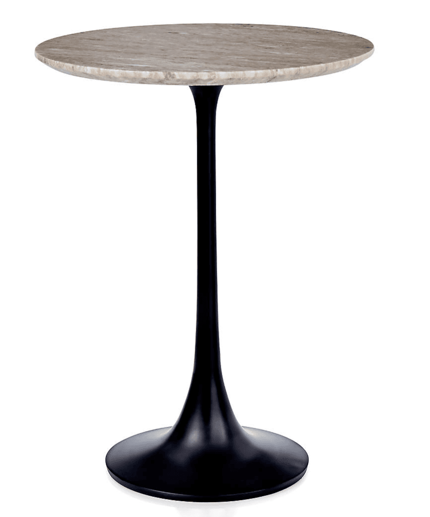 A round side table with a marble top and a black pedestal base. The top is circular with a subtle beveled edge. The base is a single, slender column that flares out to a wide, circular foot. The design is reminiscent of the Tulip table style. — 3D model