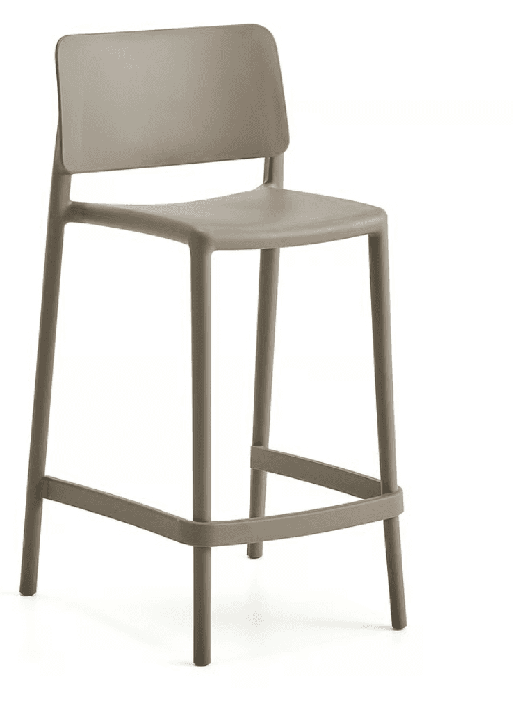 A contemporary bar stool featuring a single-piece molded design from polypropylene, in a neutral taupe/greige color. It has a supportive backrest, a slightly contoured seat, and an integrated square footrest for comfort. The four legs taper slightly downwards, and the overall aesthetic is minimalist and modern. — 3D model