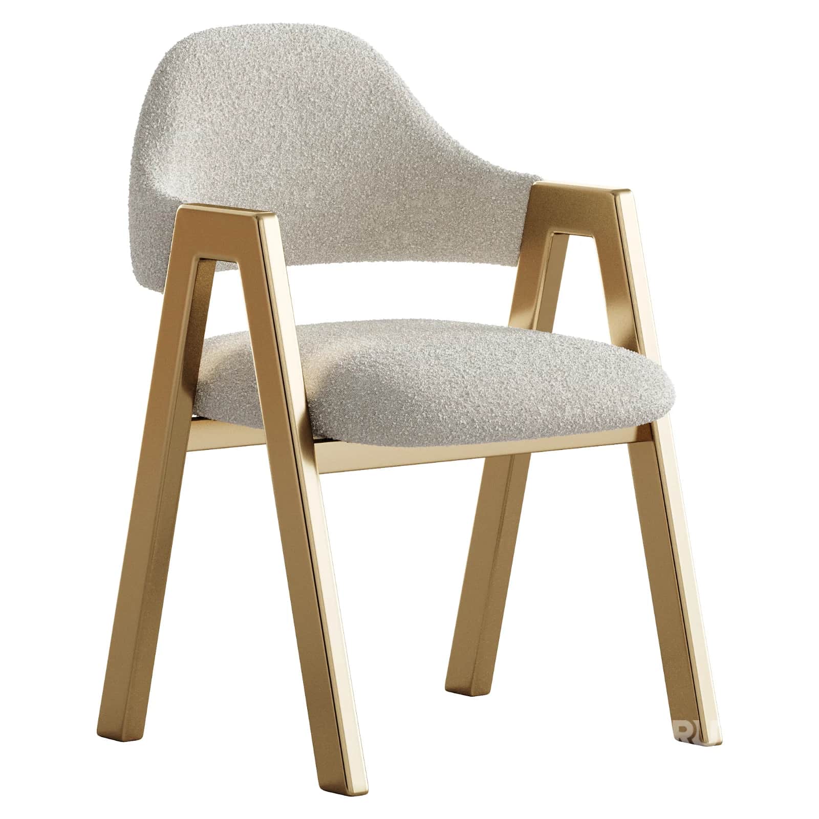 A modern armchair featuring a light-colored bouclé upholstery and a metallic gold-finished frame. Th… — 3D model