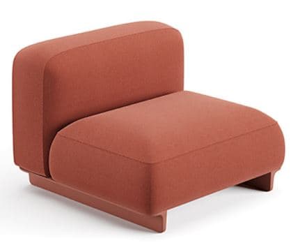 A modern, modular armchair with a low profile and rounded edges. The piece features a distinct base structure and a single upholstered seat and backrest. The design suggests a contemporary aesthetic, suitable for various interior settings. — 3D model