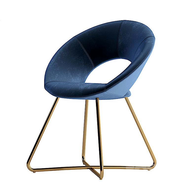 A modern accent chair with a barrel-shaped dark blue velvet seat and a golden metal sled base. — 3D model