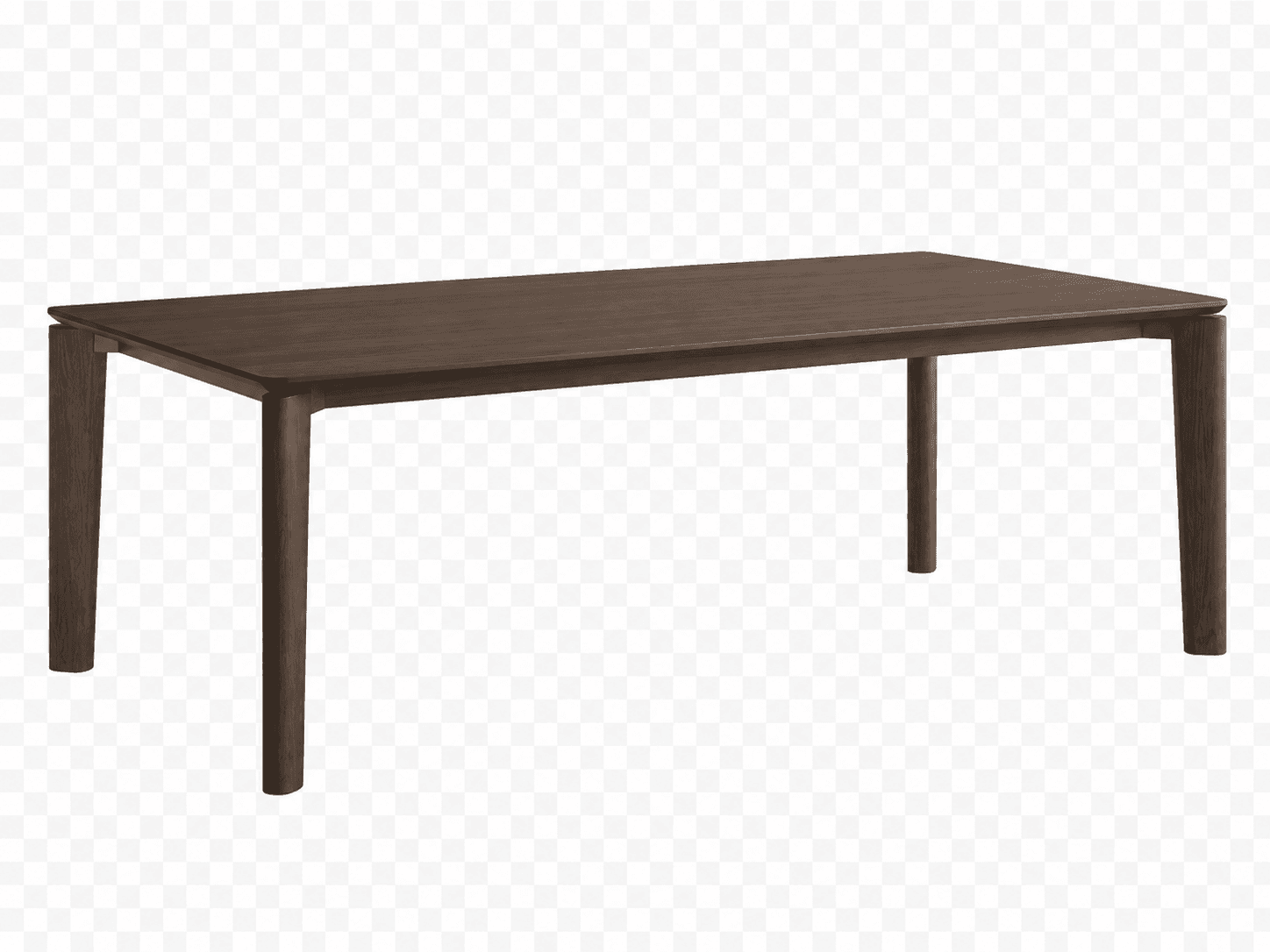 A modern rectangular dining table constructed from dark-stained solid wood. The tabletop has subtly rounded edges and is supported by four tapered legs seamlessly integrated into the corners. The design is minimalist with clean lines. — 3D model
