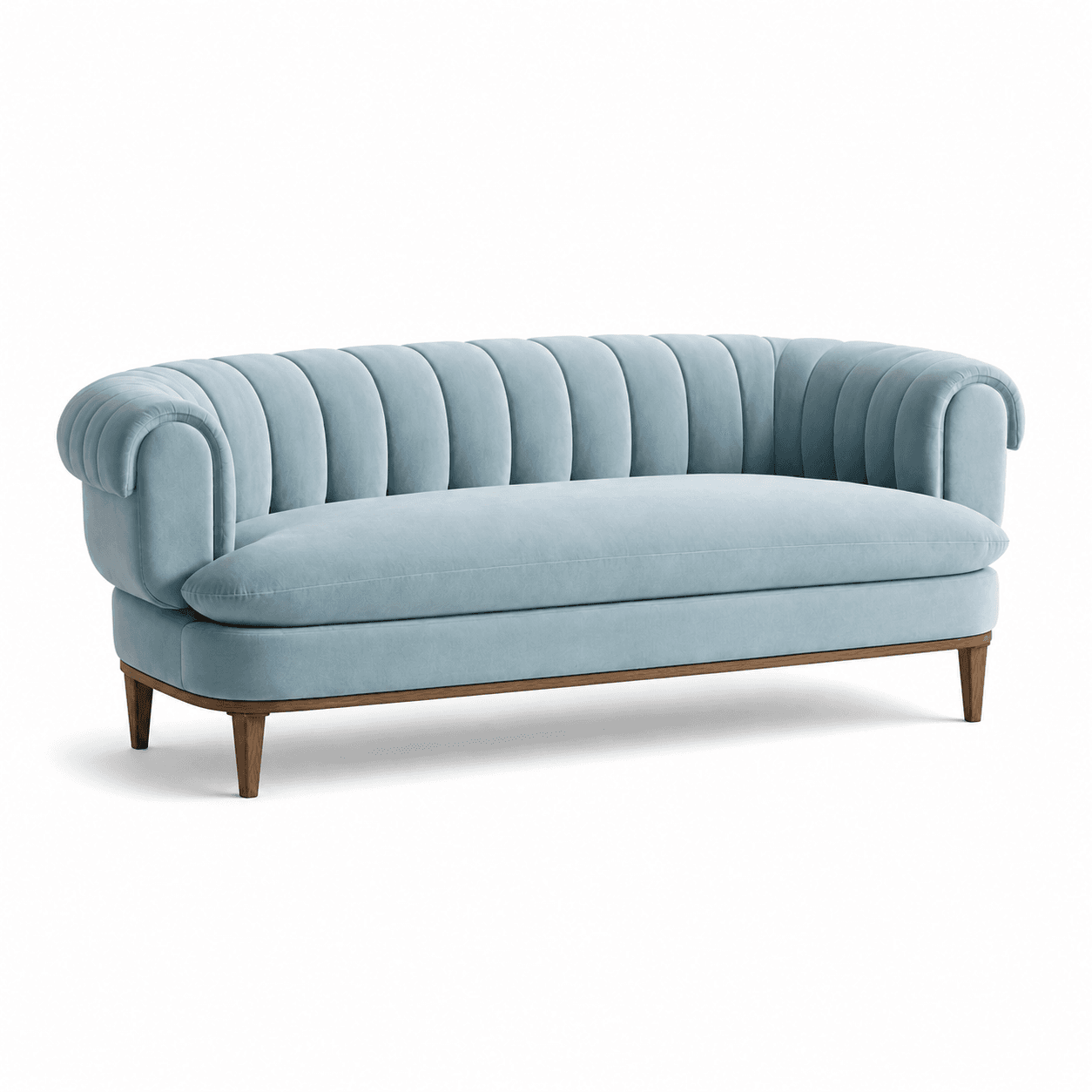 A light blue channel-tufted sofa featuring a curved backrest and rounded, rolled arms. The sofa has a single, non-removable seat cushion. Its base is an exposed wooden frame, supported by four tapered wooden legs. The upholstery appears to be a soft velvet or velour fabric, creating a luxurious and contemporary aesthetic. — 3D model