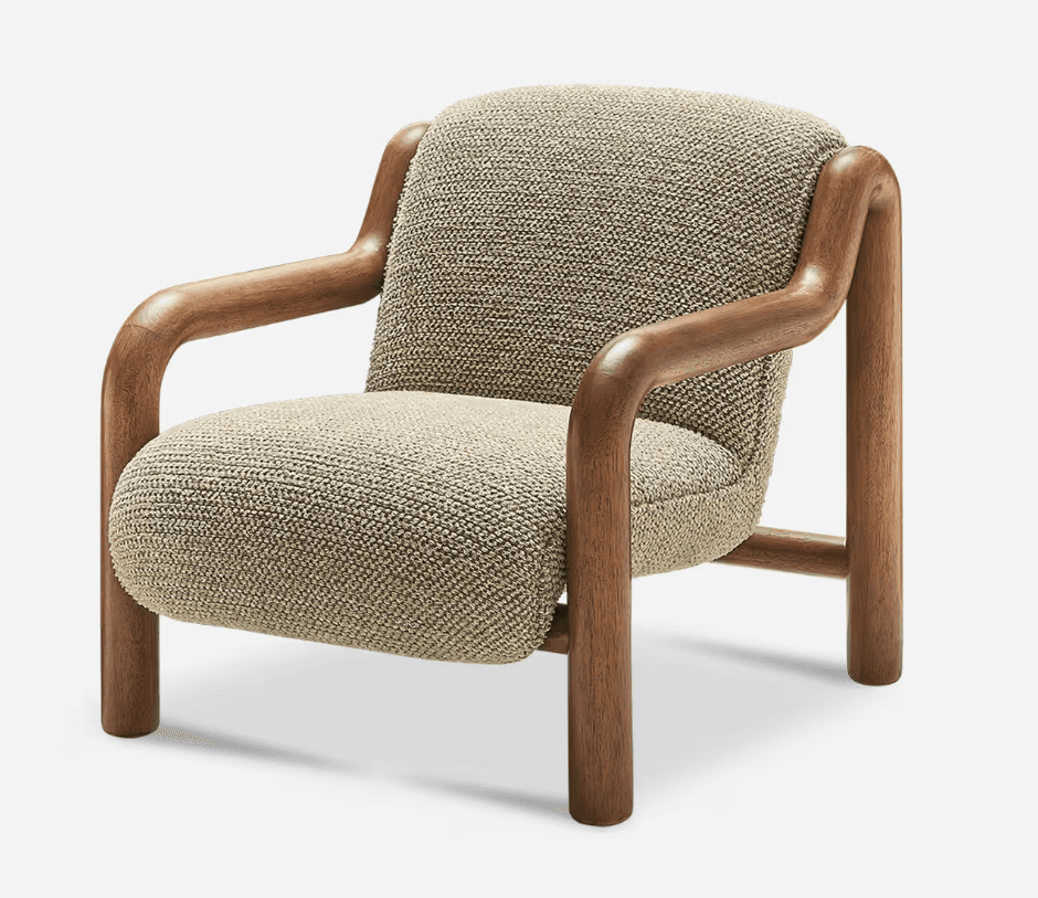 An armchair with a solid wood frame and upholstered seat and back. The frame features gracefully curved arms supported by cylindrical legs. The upholstery has a textured, woven appearance. — 3D model