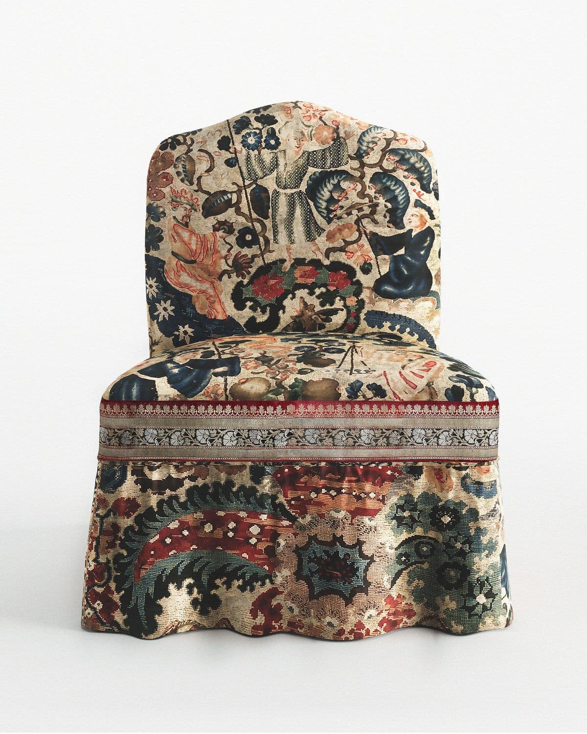A fully upholstered chair with an elaborate floral and figural tapestry-style fabric, featuring a skirted base and no visible legs. — 3D model