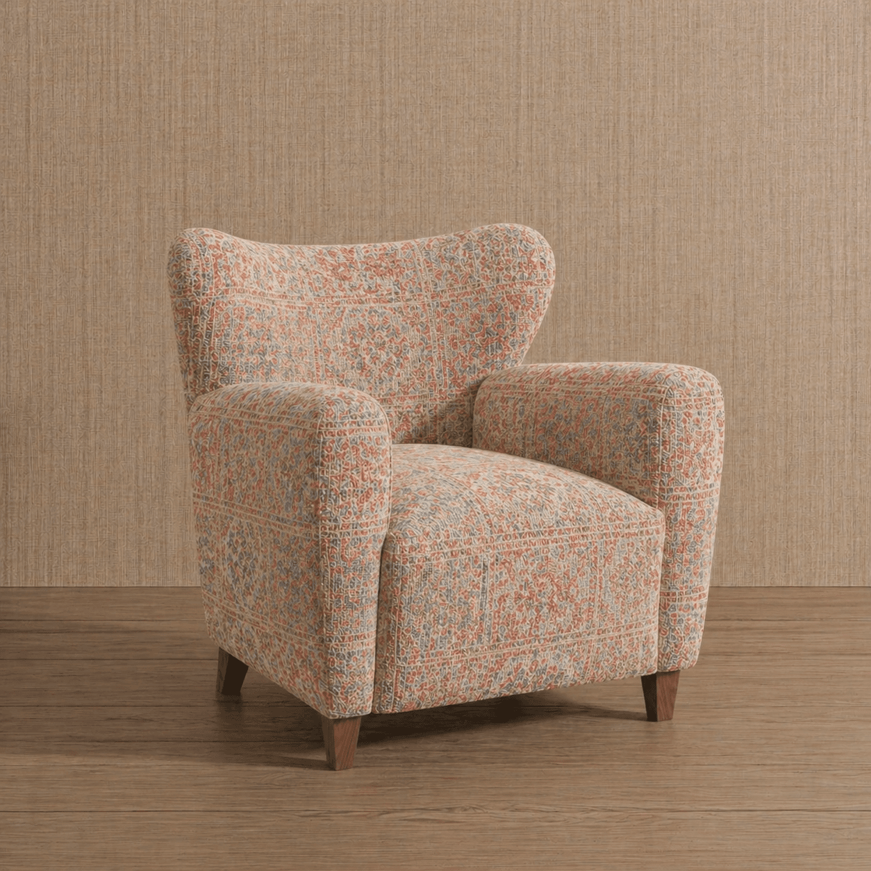 A fabric-upholstered armchair with a high, winged back and rounded armrests. The chair is supported by four short, tapered wooden legs. The upholstery features a dense, repeating pattern in shades of orange, blue, and beige. — 3D model