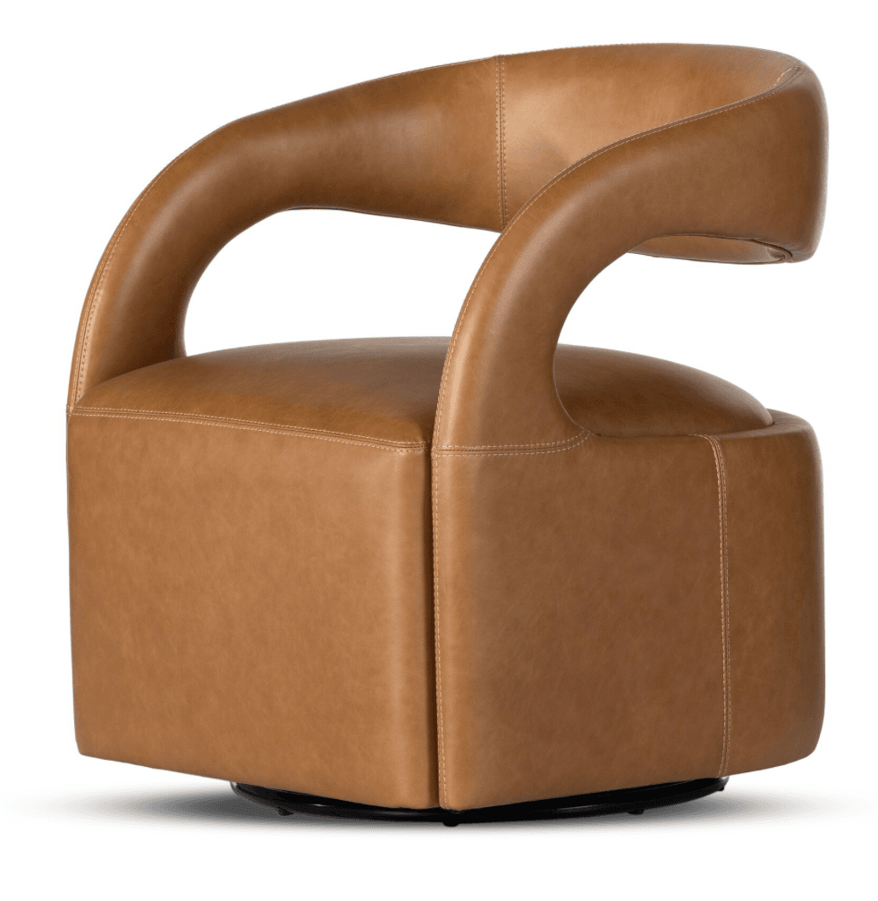 A contemporary accent chair upholstered in light brown leather. It features a curved, open-back design with integrated armrests that flow from the backrest. The seat and base are upholstered with visible stitching. The chair has a swivel base. — 3D model