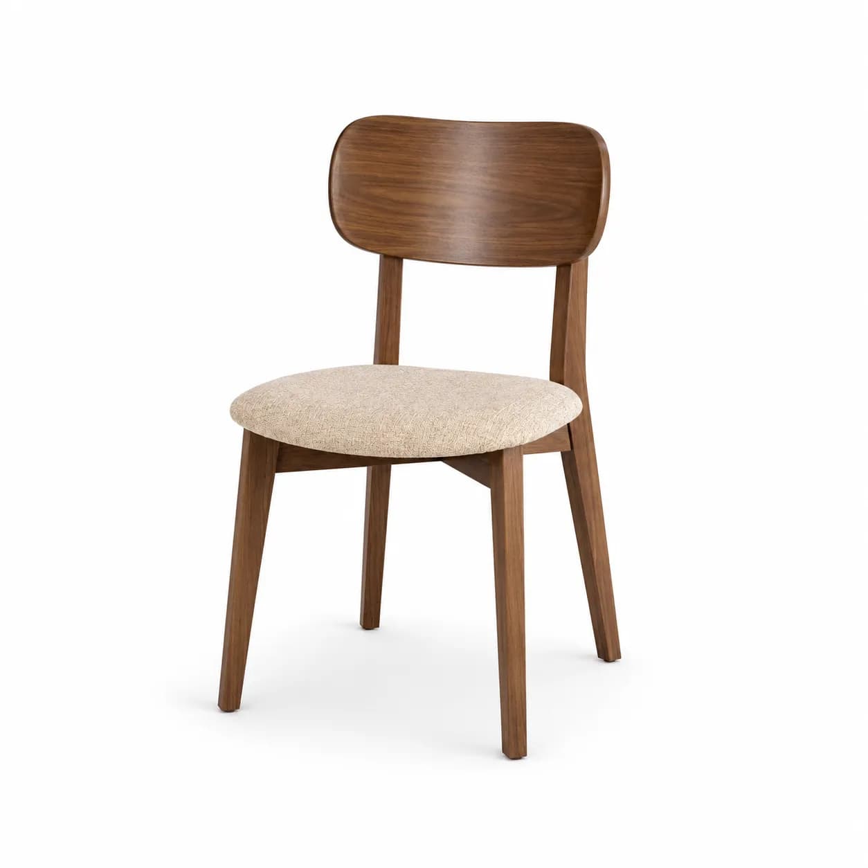 A modern dining chair featuring a curved wooden backrest, an upholstered seat, and a sturdy wooden frame with tapered legs, rendered against a white background. — 3D model