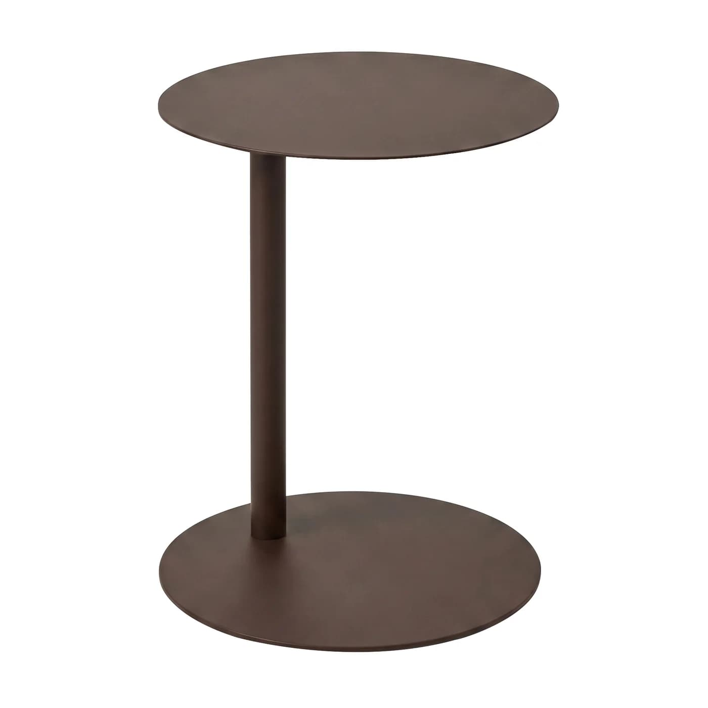 A dark brown, round metal table featuring a circular top, a single cylindrical pedestal, and a matching round base. The design is minimalist and monochromatic, presenting a sleek, modern aesthetic. — 3D model