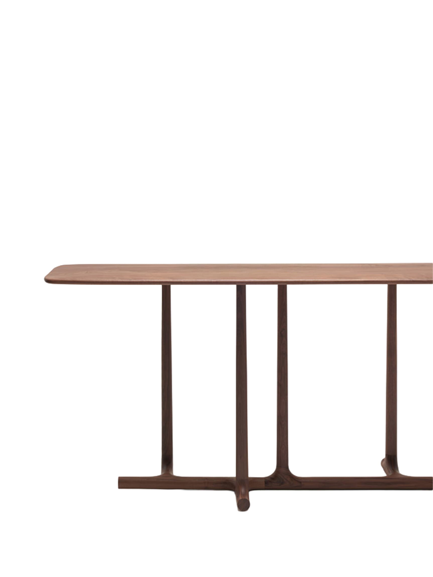 A modern console table crafted from dark-toned wood, featuring a rectangular top with rounded corners. The base consists of multiple cylindrical vertical legs seamlessly integrated into a horizontal support beam. — 3D model